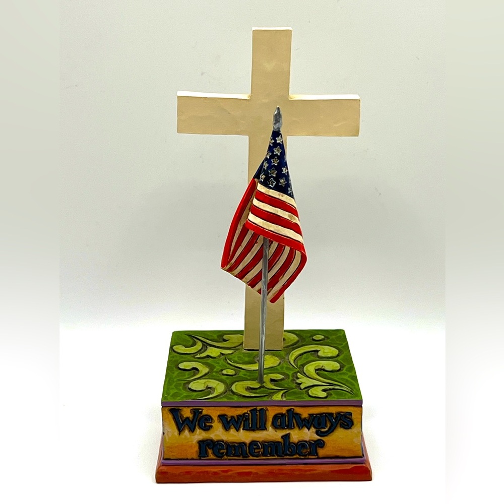 Patriotic Cross Keepsake with American Flag - White Cross, Green Base
